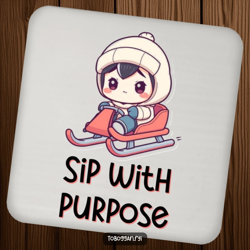 Funny drink coaster showing a character steering a sled with exaggerated concentration, a humorous table protector.