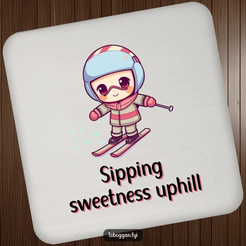 Funny candy cane coasters showing a determined character comically skiing uphill, protecting furniture with a smile.