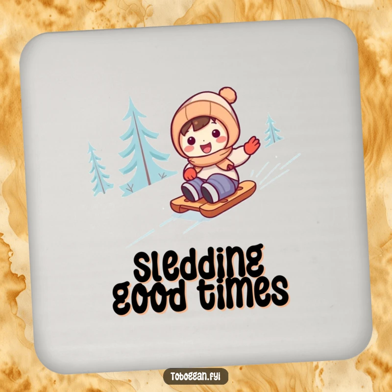 Funny cute character sledding on a snowy hill on a drink coaster, protecting tables.