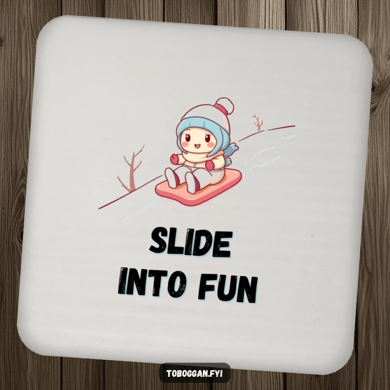 Funny coaster with a cute cartoon character gleefully sliding down a snowy hill, adding a touch of winter fun to surfaces.