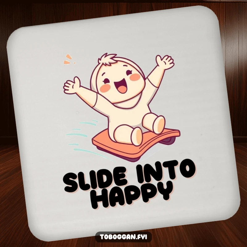 Funny coaster featuring a cute character happily sliding down a slope, bringing cheer to your tabletop.