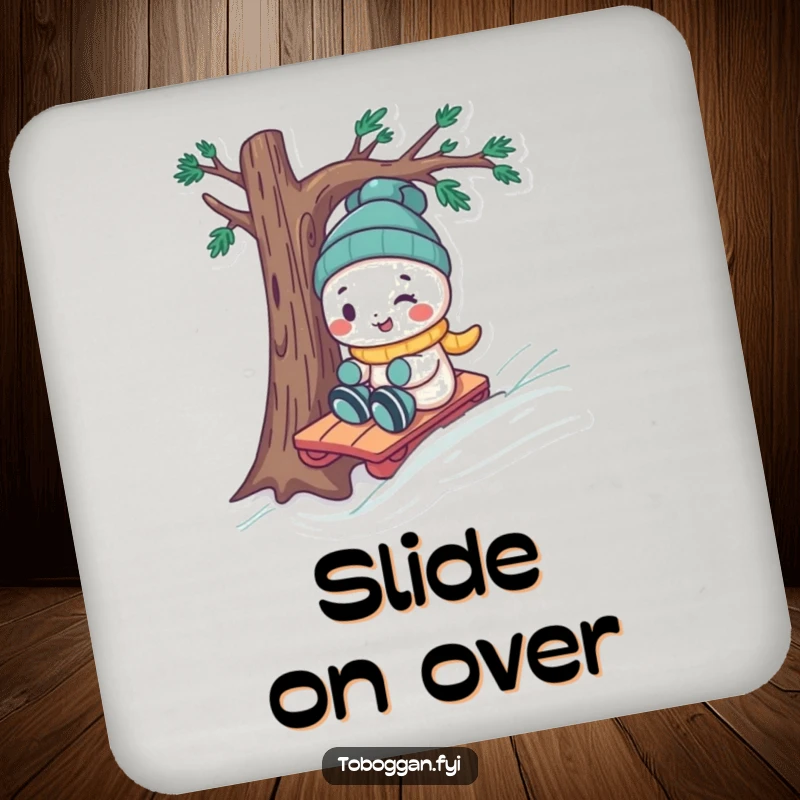 Funny character dodging a tree on a toboggan, featured on protective drink coasters for a humorous touch.