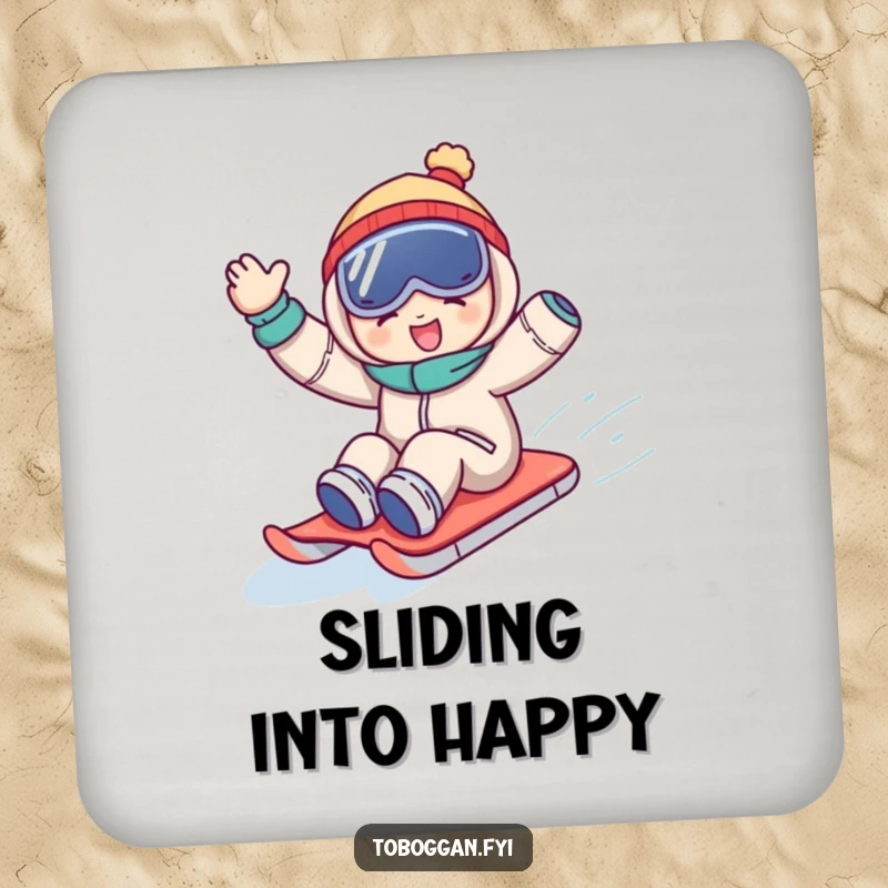 Funny drink coaster with a character joyfully waving while sledding downhill, protecting surfaces with a humorous winter theme.