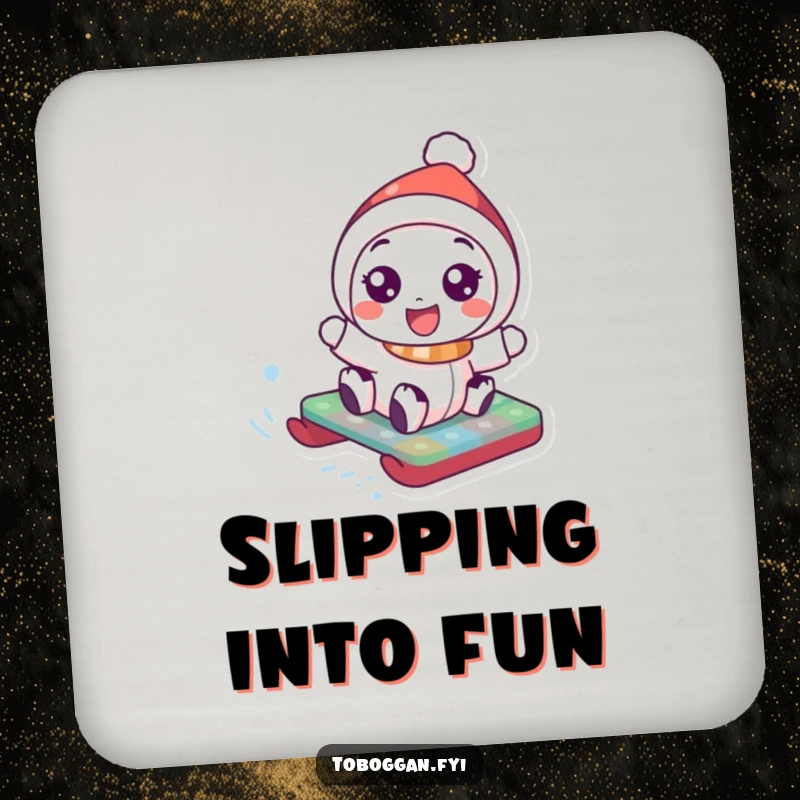 Funny Drink Coaster: Character with wide eyes slides joyfully on a toboggan, adding humor to drink protection.