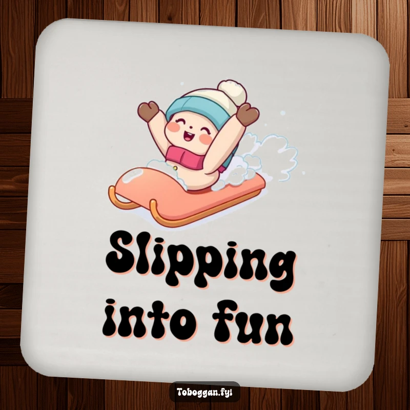 Funny coaster set depicting a character playfully falling backwards off a sled into soft snow, adding winter charm.