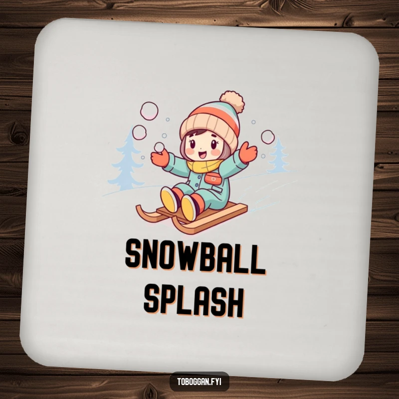 Funny character excitedly throwing snowballs while sledding downhill on a drink coaster.