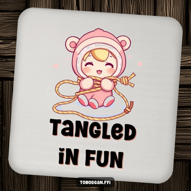 Funny coaster displays a character comically tangled in a sled rope, bringing a humorous sense of mishap and winter fun to any setting.