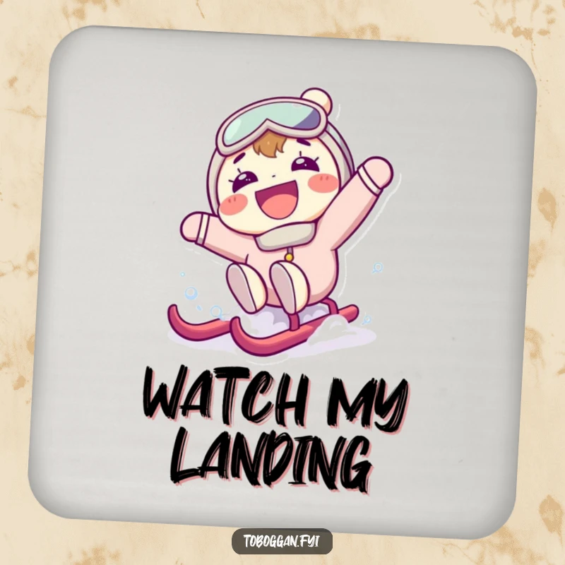 Funny drink coaster with a character grinning widely while falling backward off a sled, depicting a comical winter mishap and surprise.