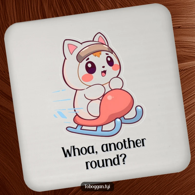 Funny coasters with a character looking surprised as their sled spins quickly, protecting surfaces with humor funny gift.