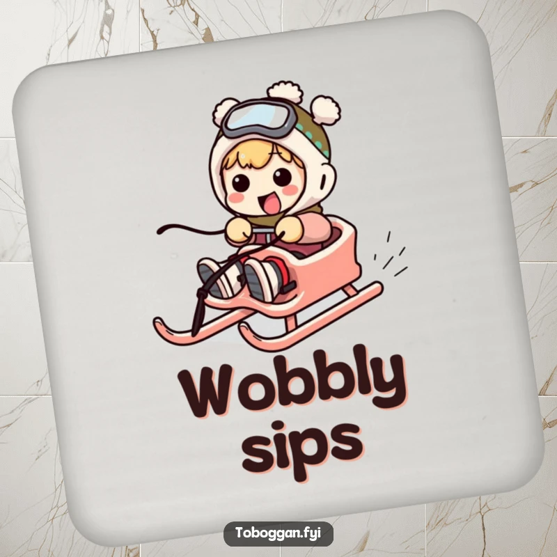 Funny drink coasters featuring a character comically failing to steer a sled, adding humorous winter flair.