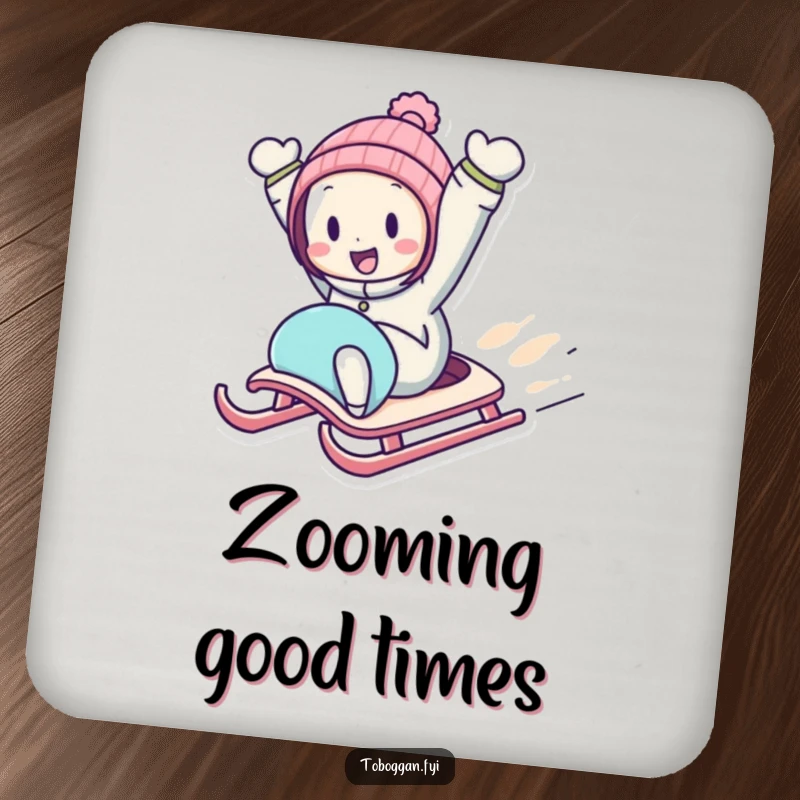 Funny Downhill Sledding Coasters with a character zooming downhill on a sled with arms in the air, adding winter humor.