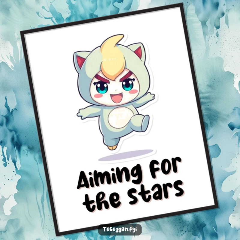 Funny poster featuring a character mid-playful jump with a determined expression, embodying motivation, energy, and humorous ambition.