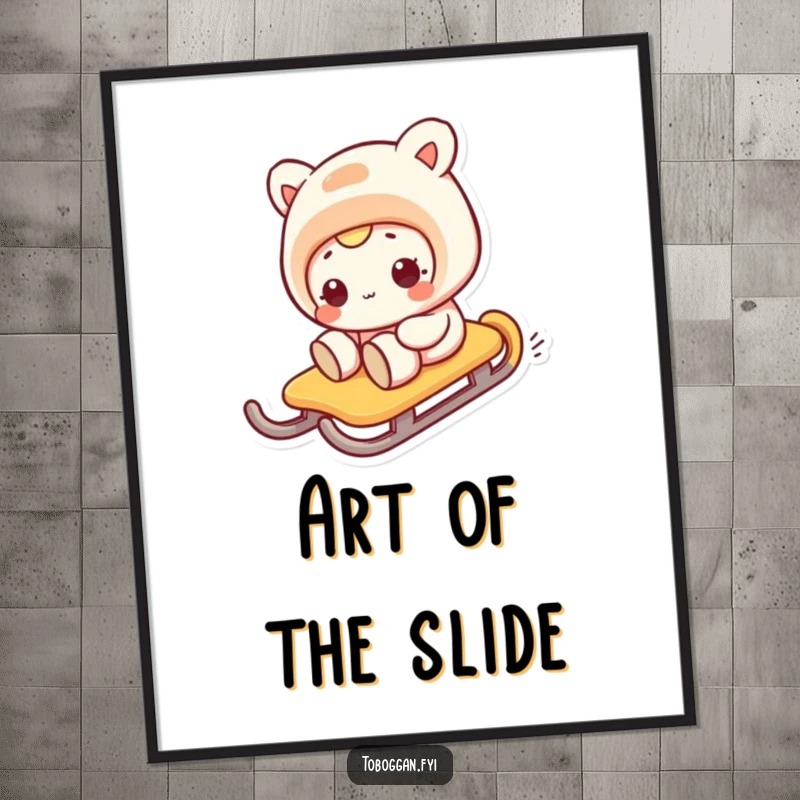 Funny poster art of a character with a comical expression sliding sideways on a sled, humorous wall decor.