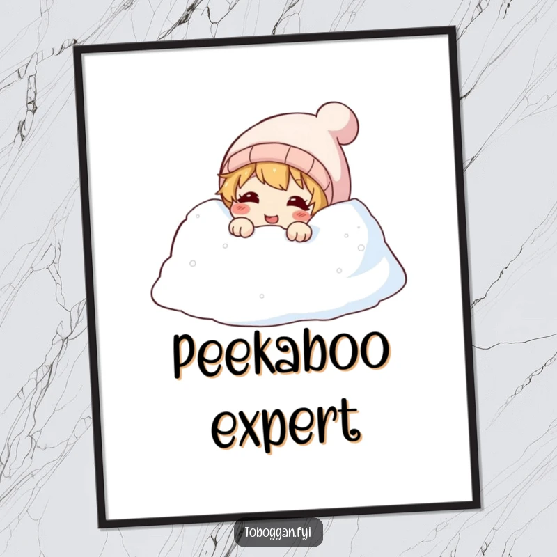 Funny poster featuring a character peeking with a giggle from a snowdrift, capturing innocent winter joy and humor.