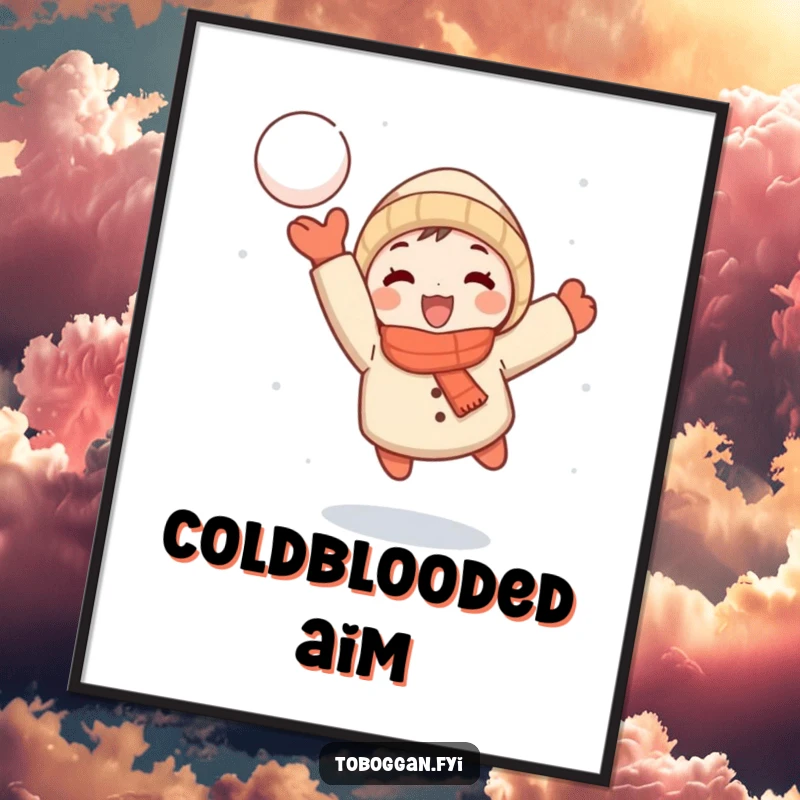 Funny poster showcasing a small cartoon character joyfully throwing a snowball mid-flight, perfect for adding winter action art.