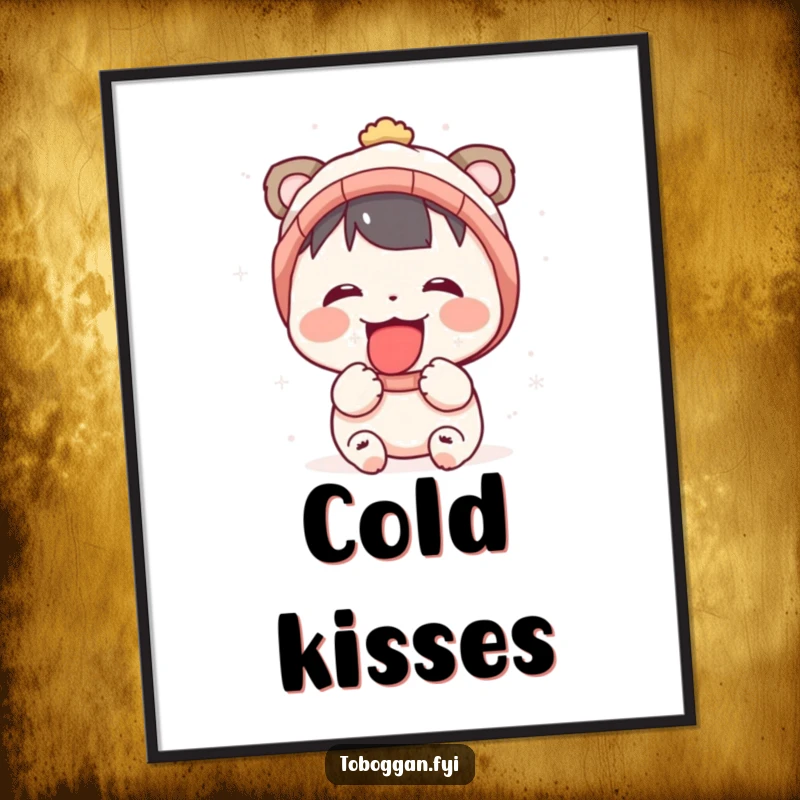 Funny poster art of a character with its tongue out, joyfully catching falling snowflakes in a whimsical winter setting.