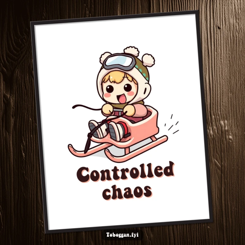 Funny poster illustrating a character in exaggerated, funny movements, comically failing to steer a sled.