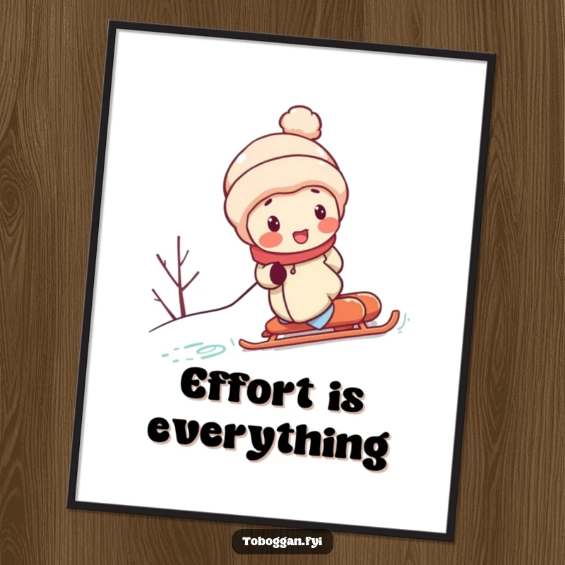 Funny poster art depicts a character with rosy cheeks, laboring to push a sled uphill, capturing the comical and relatable essence of winter exertion.