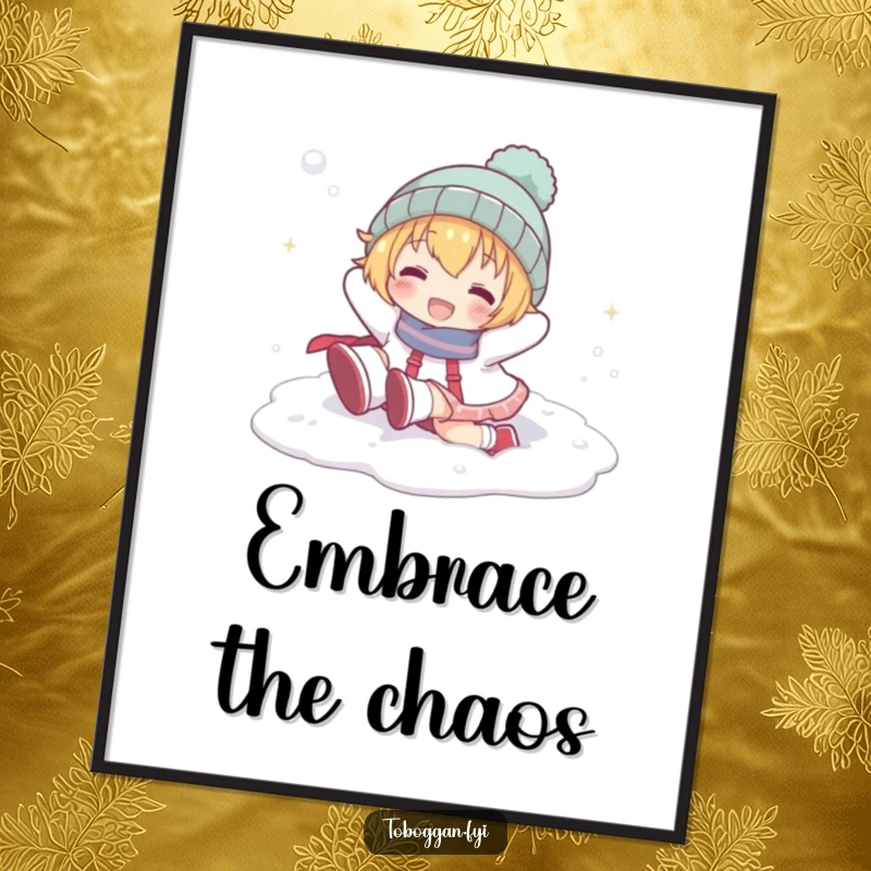 Funny poster of a cartoon character playfully tumbling head over heels in snow, perfect for adding whimsical winter art.