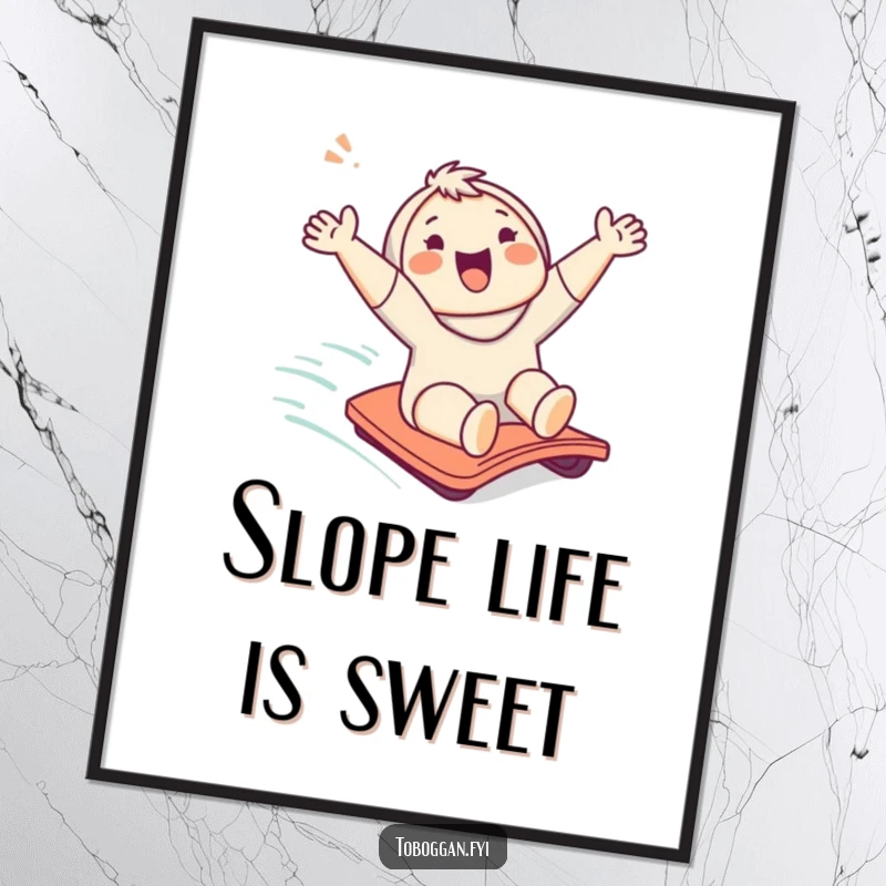 Funny poster depicting a cute character enthusiastically sliding down a slope, radiating pure happiness and excitement.