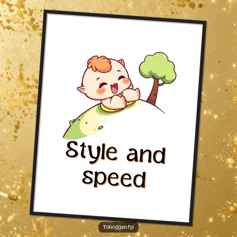 Funny sledding poster depicting a character sliding downhill with a cheeky wink, adding playful art to any room.