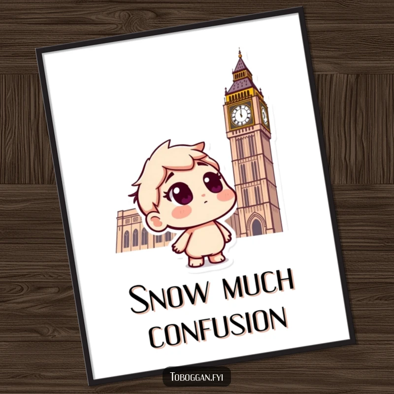 Funny poster art of a curious character seated on a toboggan, with a questioning look, observing snowflakes fall in winter.