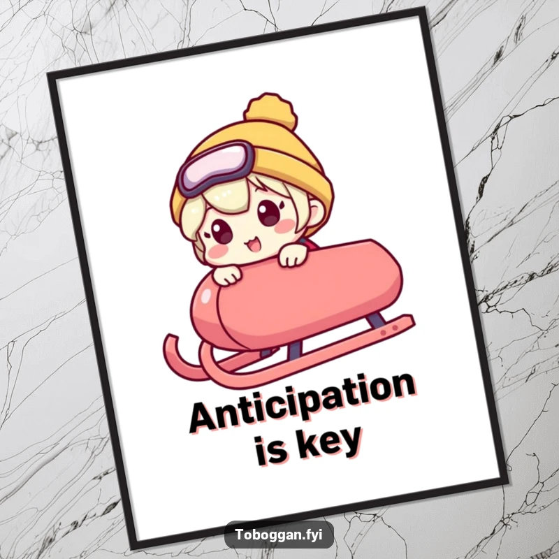 Funny poster art captures a character peeking over a sled's edge with immense excitement, embodying the humorous anticipation of an upcoming joyride.