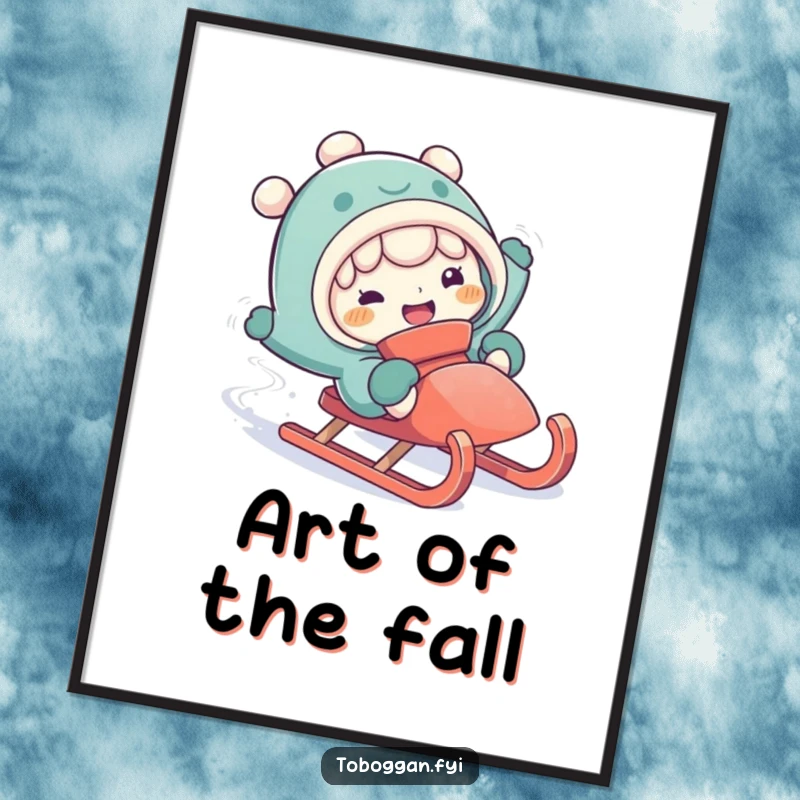 Funny falling off sled poster depicting a character with a silly expression during a comical fall from a sled.