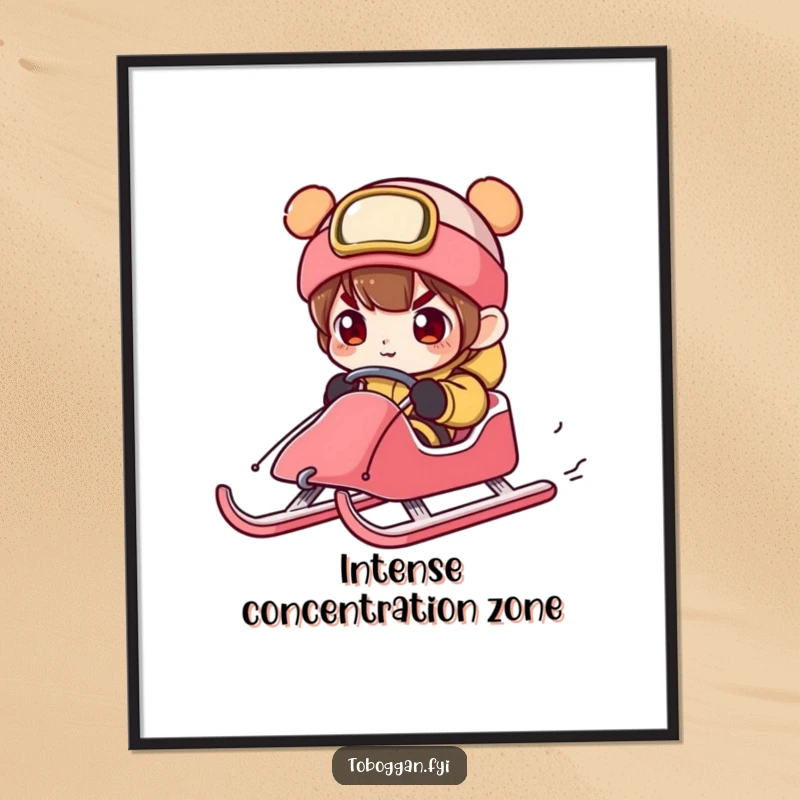 Funny character steering a sled with extreme concentration, creating a humorous and engaging piece of wall art.