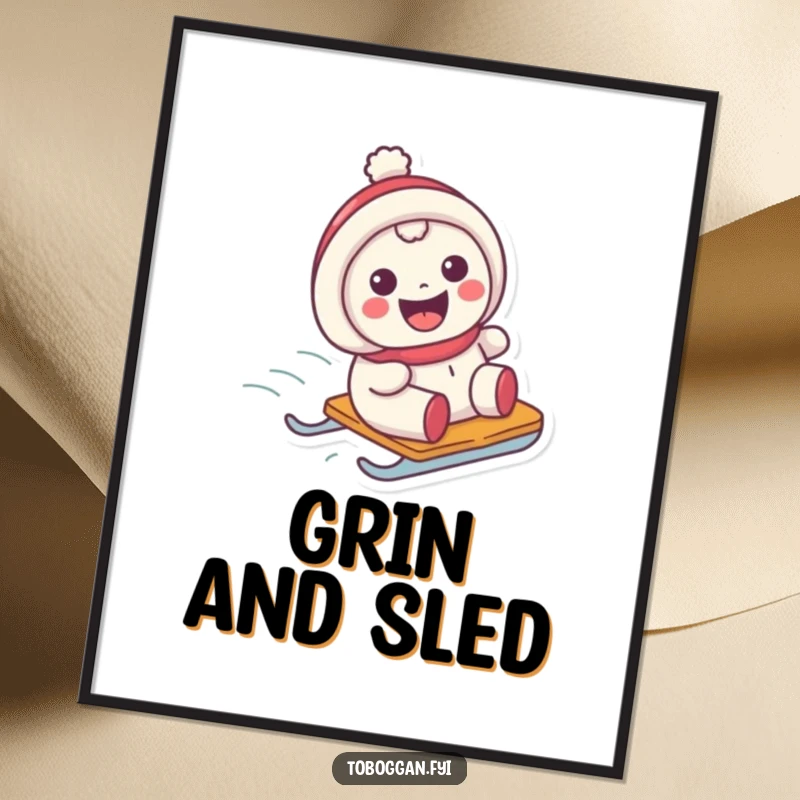 Funny poster featuring a character with a wide grin sliding downhill on a sled, embodying winter happiness.