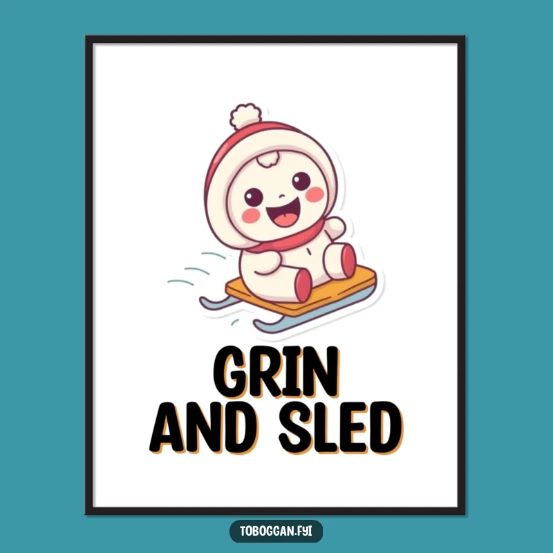 Funny Grinning Sledder Poster: Joyful Character Sliding Wall Art
