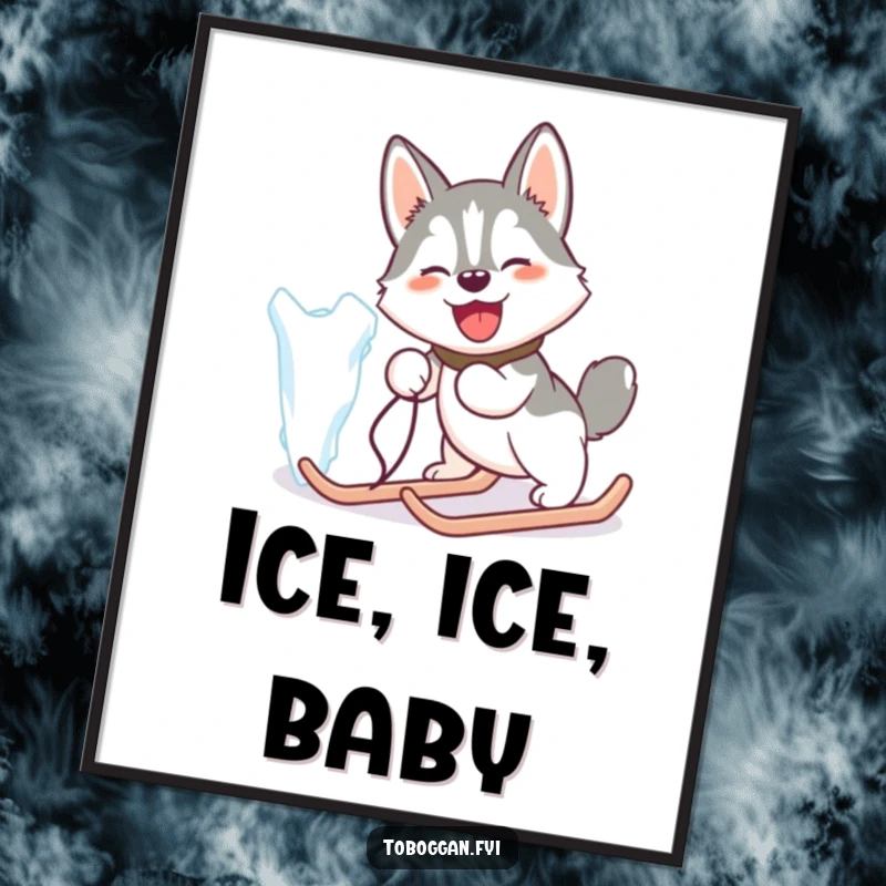 Funny poster of a happy husky comically pulling a giant icicle like a sled, a whimsical arctic scene.