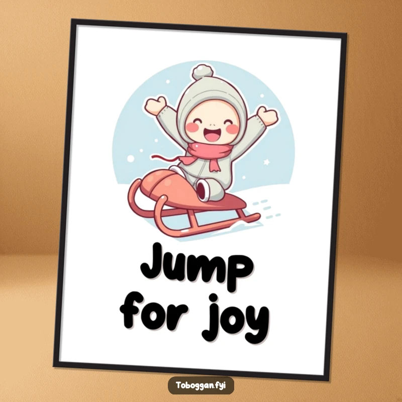 Funny poster showing a cute character with rosy cheeks joyfully jumping from a sled, capturing winter's pure delight.
