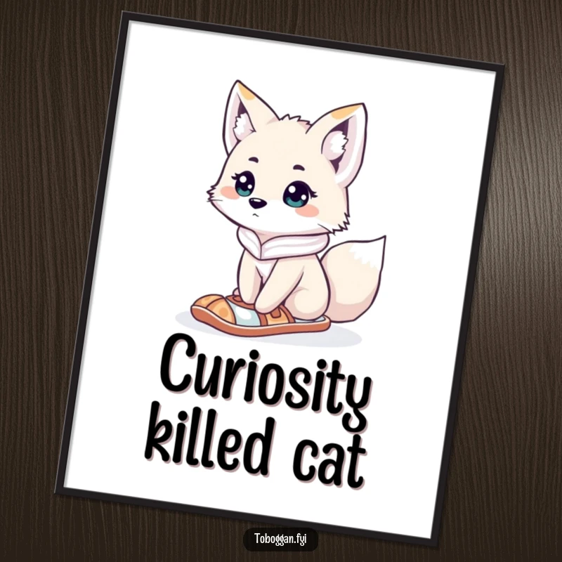 Funny curious arctic fox wearing a snowshoe, looking lost on a poster, perfect for adding cute and humorous Arctic-themed art.