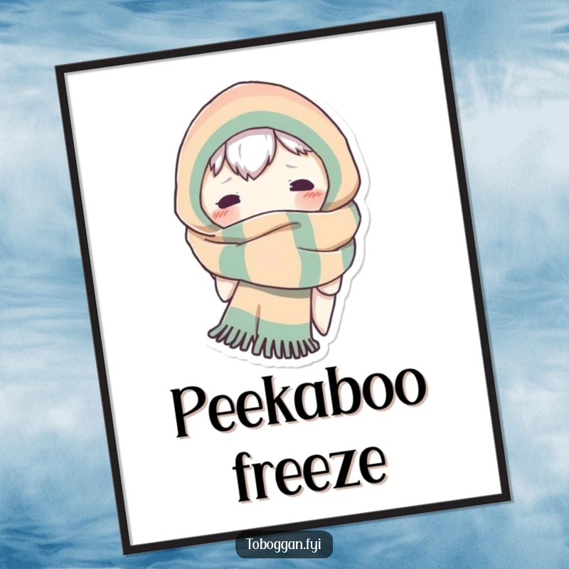 Funny poster featuring a character comically enveloped in a giant scarf, with only its eyes peeking out curiously.