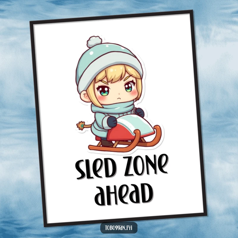 Funny poster art of a determined character holding a sled, symbolizing winter adventure and readiness.