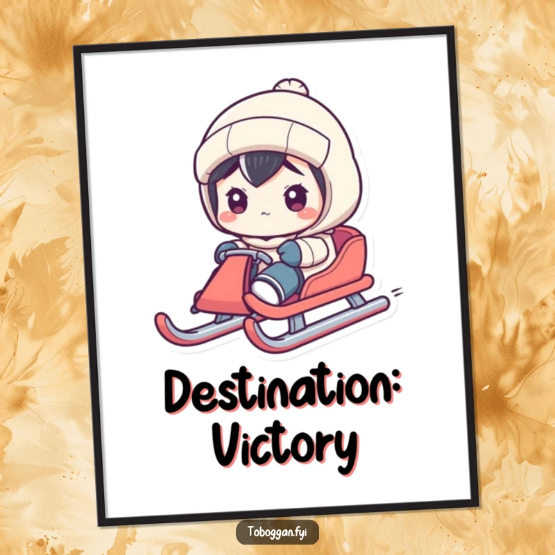 Funny poster art of a character steering a sled with extreme concentration down a wintery path, showcasing focused fun.