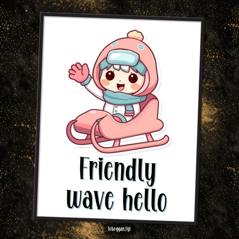 Funny sledding character poster featuring a friendly character sharing a sled and waving, bringing winter joy and friendly vibes to decor.