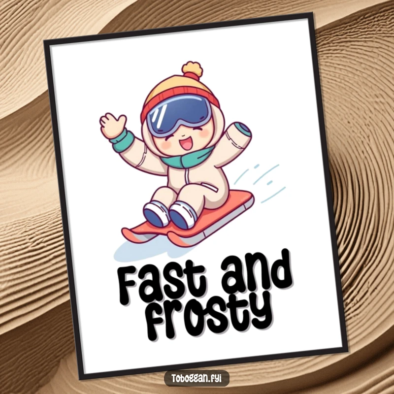 Funny poster displaying a character joyfully waving while sledding downhill, capturing the essence of winter fun and playful motion.