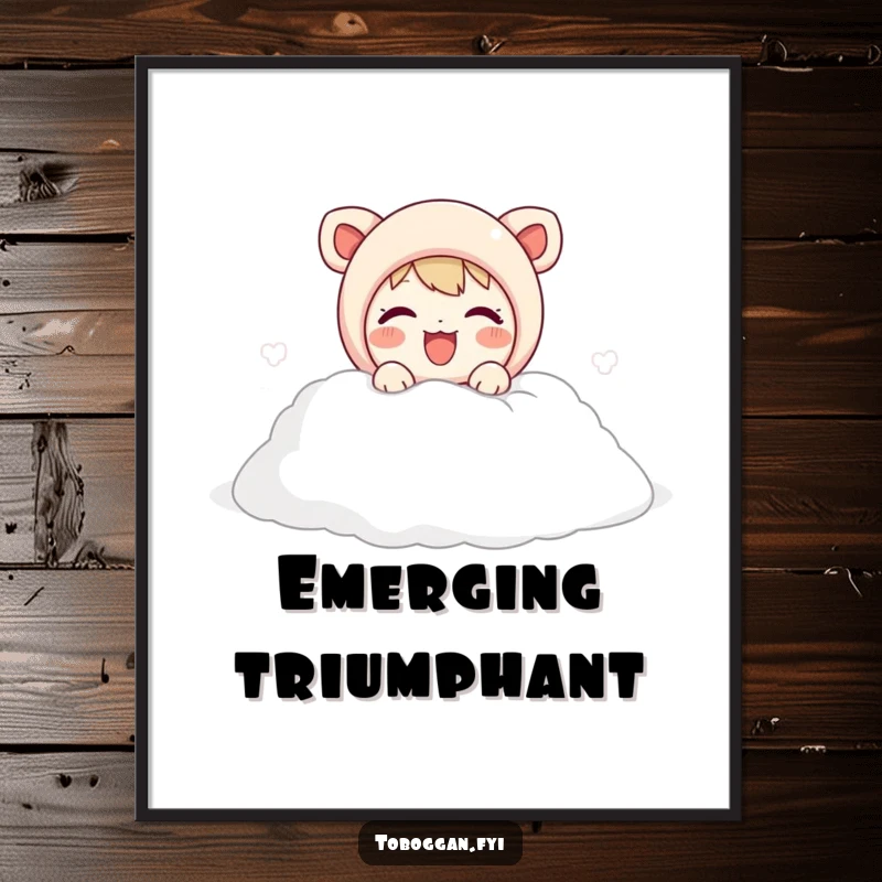 Funny poster showcasing a cute character joyfully emerging from a soft snow pile, capturing the pure delight of winter.