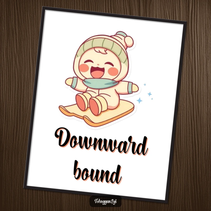 Funny poster art depicting a character laughing heartily while speeding down a snowy mountain, capturing winter’s exhilarating joy.