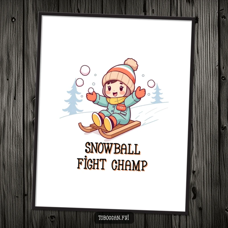Funny character excitedly throwing snowballs while sledding downhill on a poster.