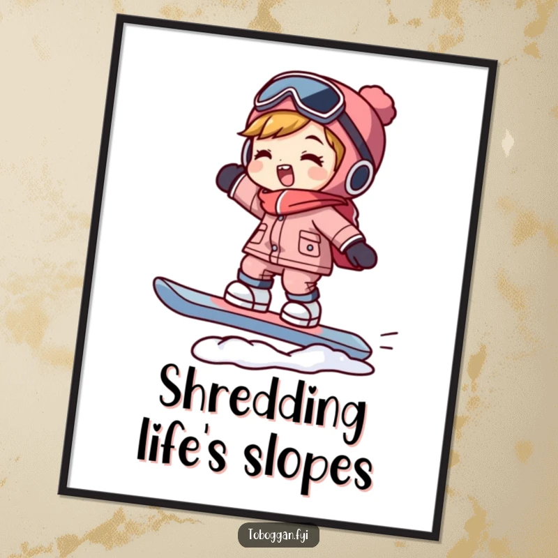 Funny snowboarder poster showcasing a character perfectly balanced on a snowboard, capturing the exhilarating and amusing spirit of the sport.