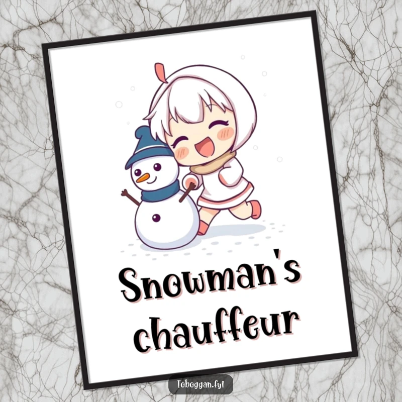 Funny poster art of an enthusiastic character pushing a small snowman, celebrating winter activities.