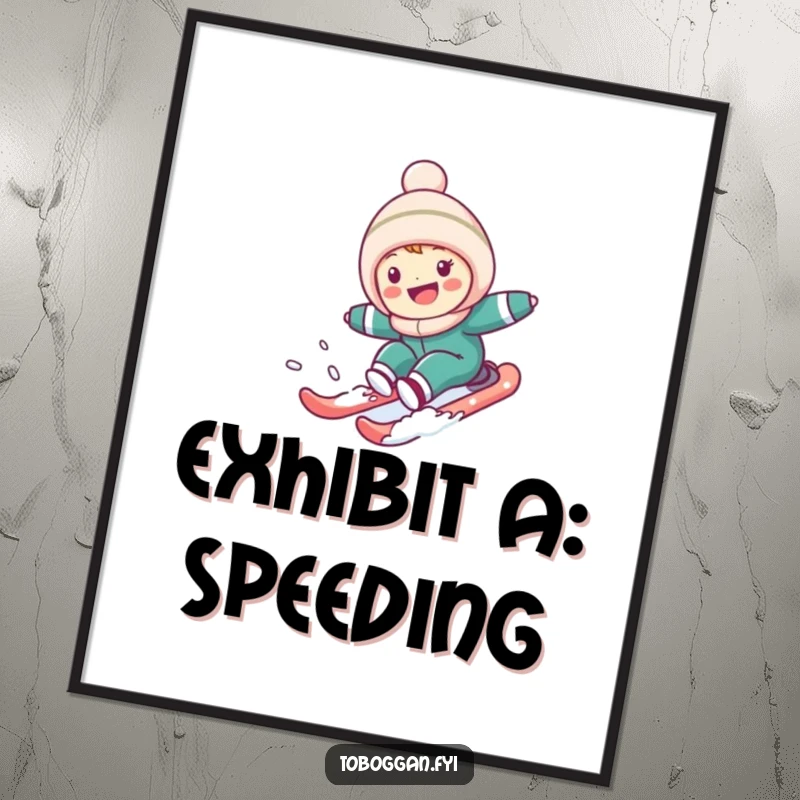 Funny Poster: Cute character speeding down a snowy hill, capturing the pure joy and excitement of winter sledding for wall decor.