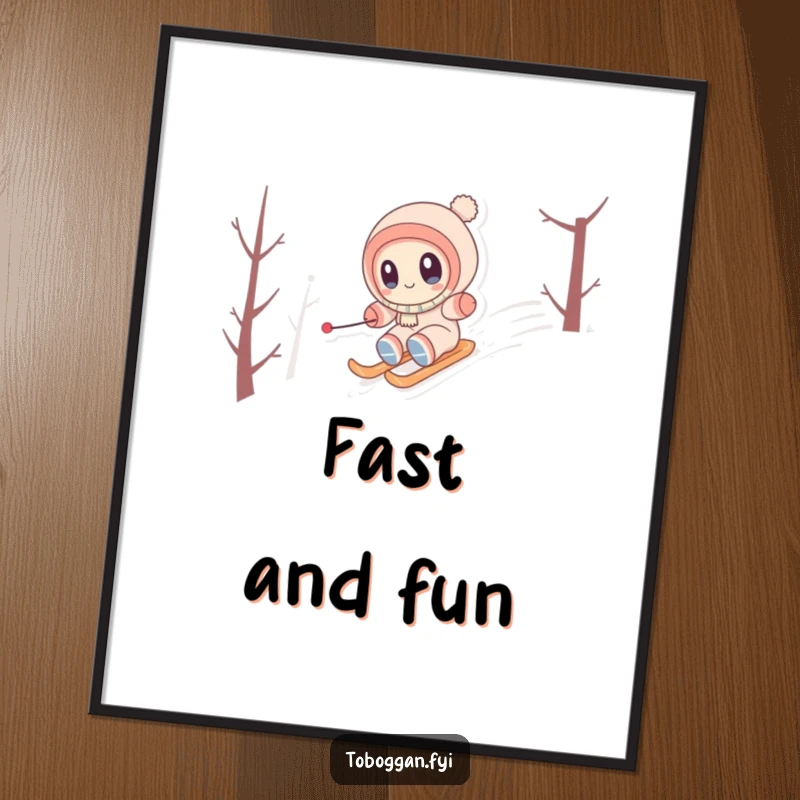 Funny Poster showcasing a cute character with wide eyes, joyfully speeding down a snowy hill, capturing winter's excitement.