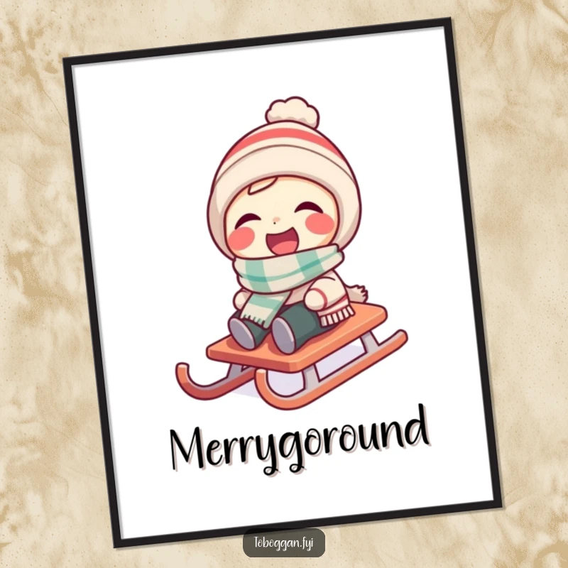 Funny character wearing a tiny scarf laughs as their sled spins on a poster.