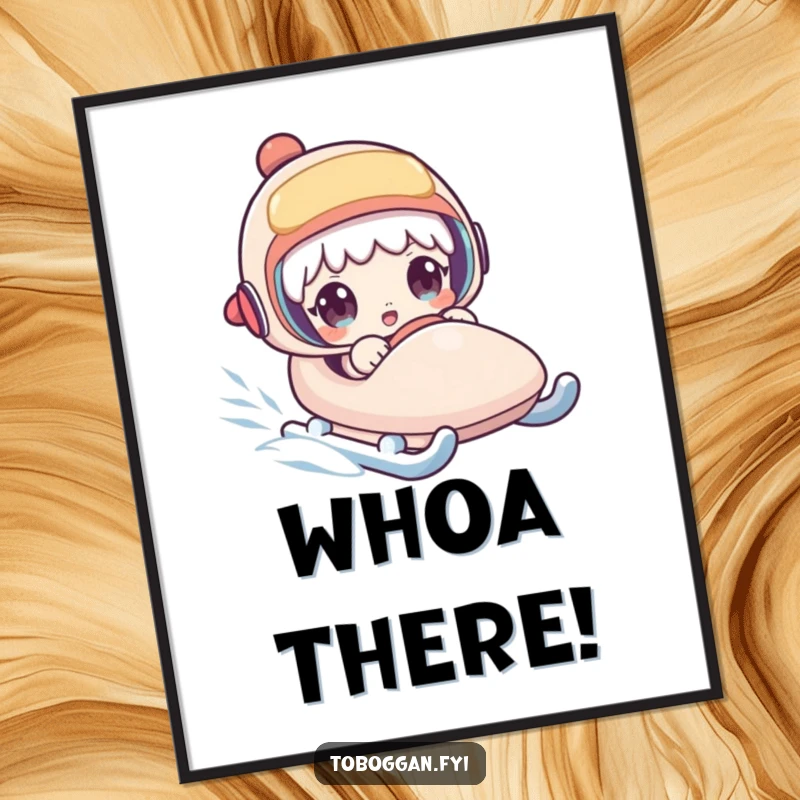 Funny poster illustrating a character's wide-eyed, comical surprise as their sled picks up surprising speed downhill.