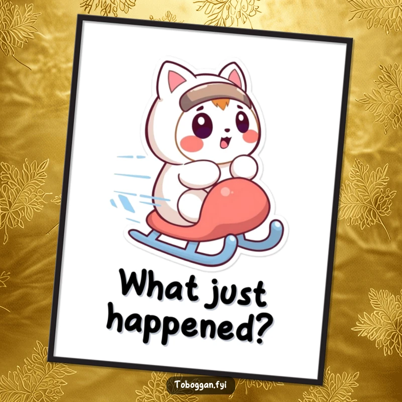 Funny poster with a character looking surprised as their sled spins quickly, a dramatic and humorous funny gift.