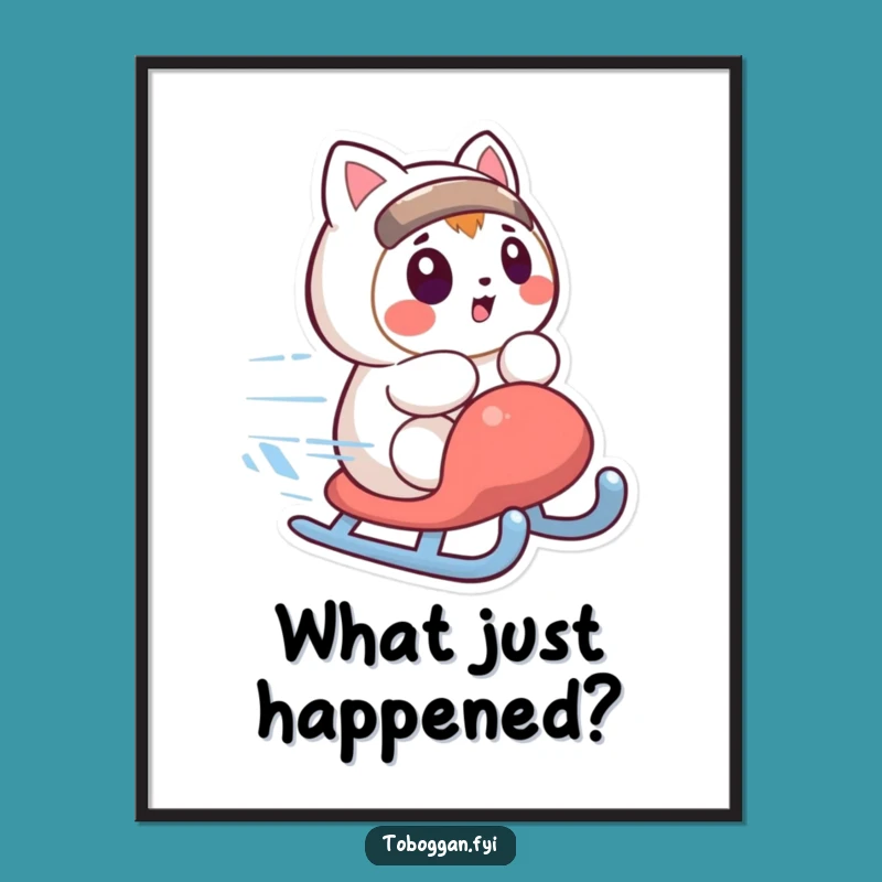 Funny Surprised Sledding Character Art Poster: Winter Wall Decor Gift